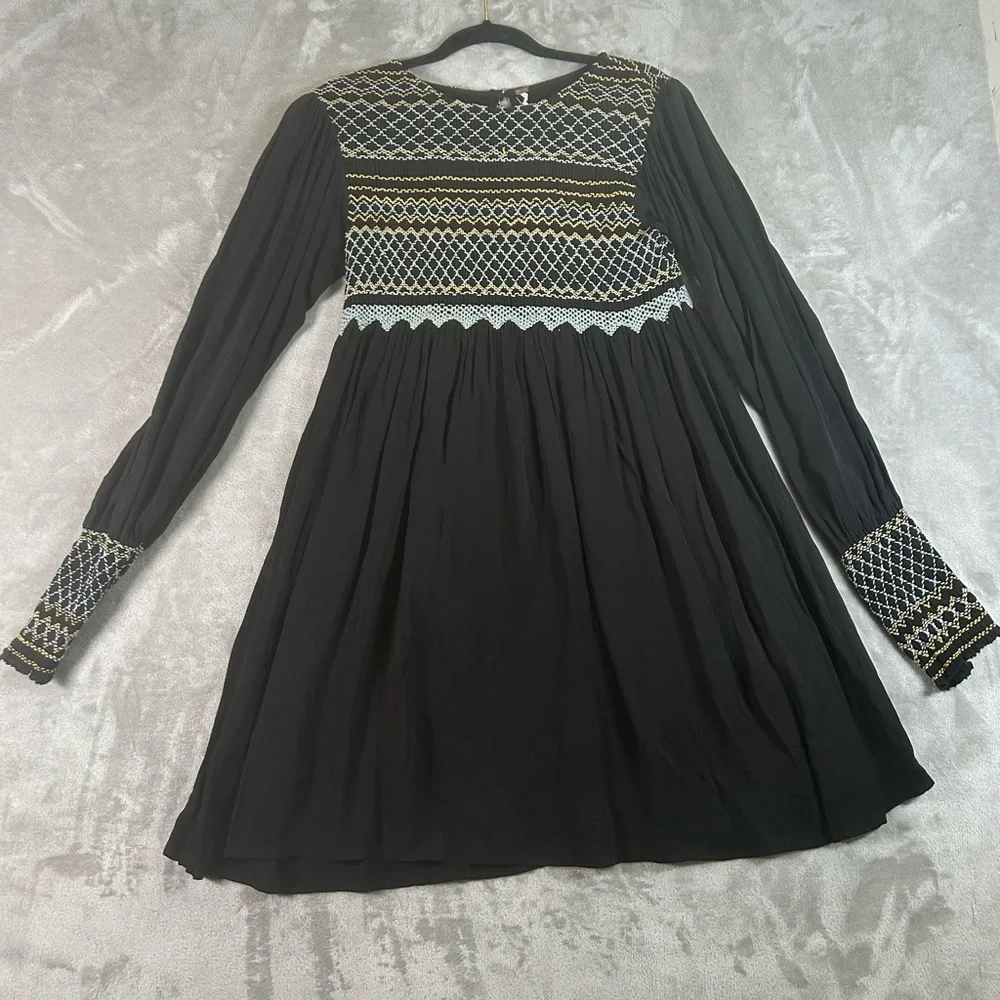 Free people late night picnic smocked long sleeve embroidered dress - Picture 12 of 13